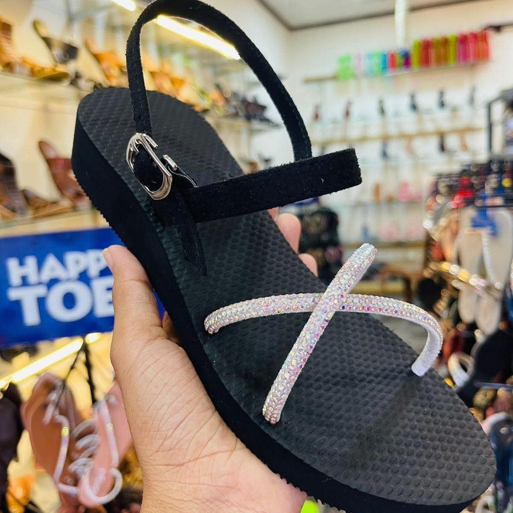 Luvable Friends Black Sandals with Rhinestone Accents